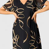 Jillian Vestido Caftán Negro con Estampado Abstracto en Oro y Escote en V