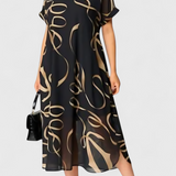 Jillian Vestido Caftán Negro con Estampado Abstracto en Oro y Escote en V