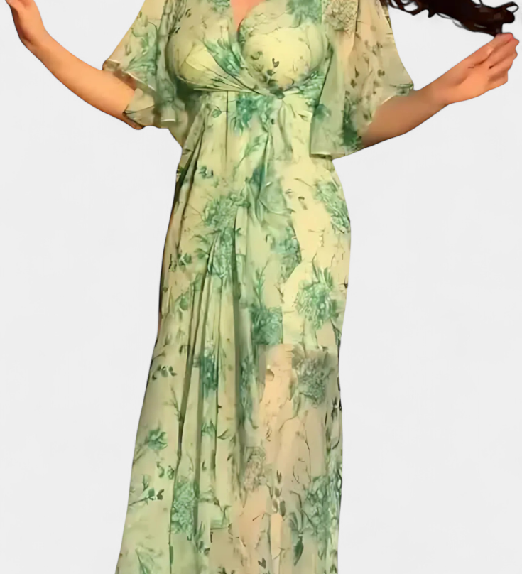 Sima Vestido Cruzado Estampado con Escote en V y Mangas Acampanadas