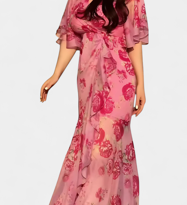 Sima Vestido Cruzado Estampado con Escote en V y Mangas Acampanadas