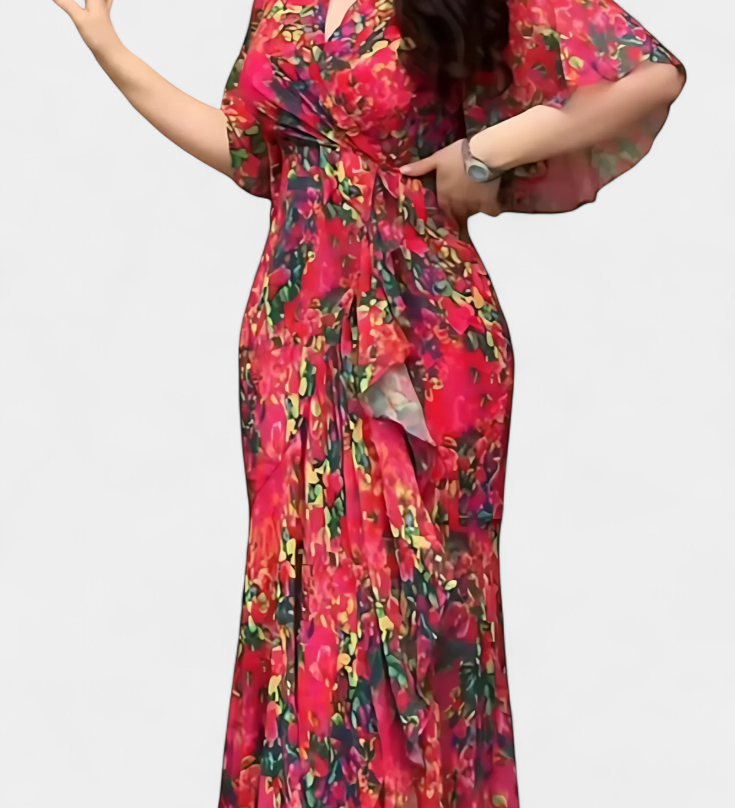 Sima Vestido Cruzado Estampado con Escote en V y Mangas Acampanadas