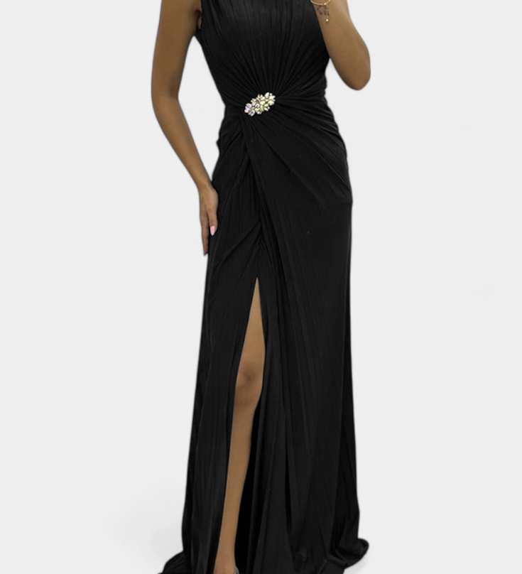 Shiloh Vestido Maxi Plisado con Abertura Lateral y Escote Cruzado