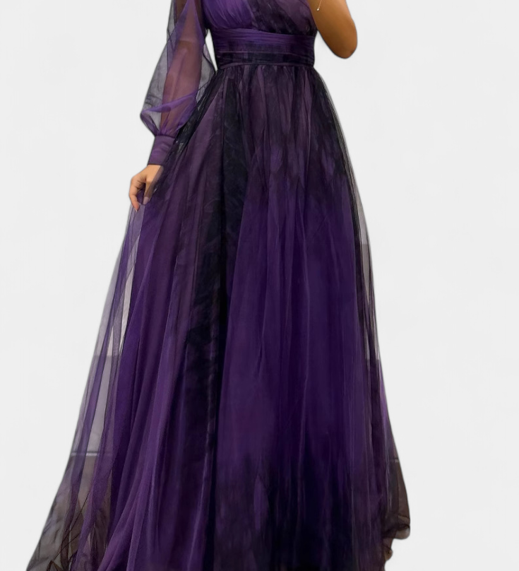 Becca Vestido Maxi de Chiffón con Hombro Descubierto y Flor Voluminosa