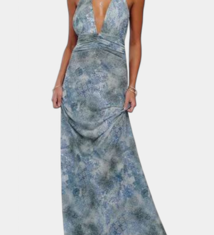 Melodía Vestido Maxi de Lunares con Escote Halter y Cintura Fruncida