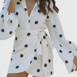 Romara Vestido Mini de Lunares con Manga Larga y Cintura Entallada