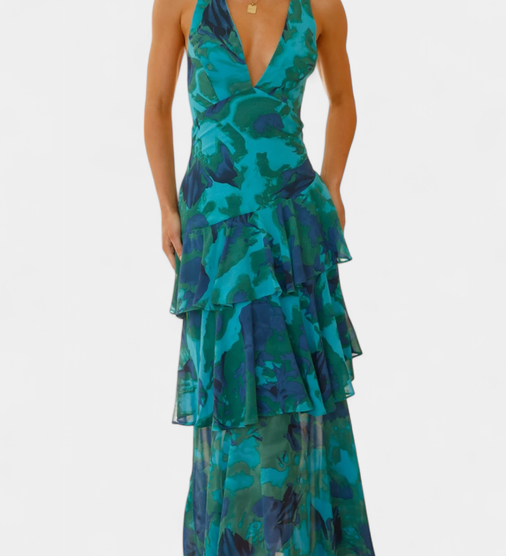 Domenica Vestido de Gasa con Escote en V y Capas Fluidas