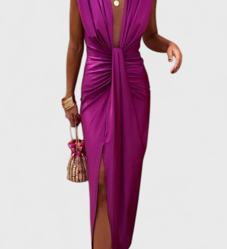 Lakisha Vestido Midi Fruncido con Escote Profundo