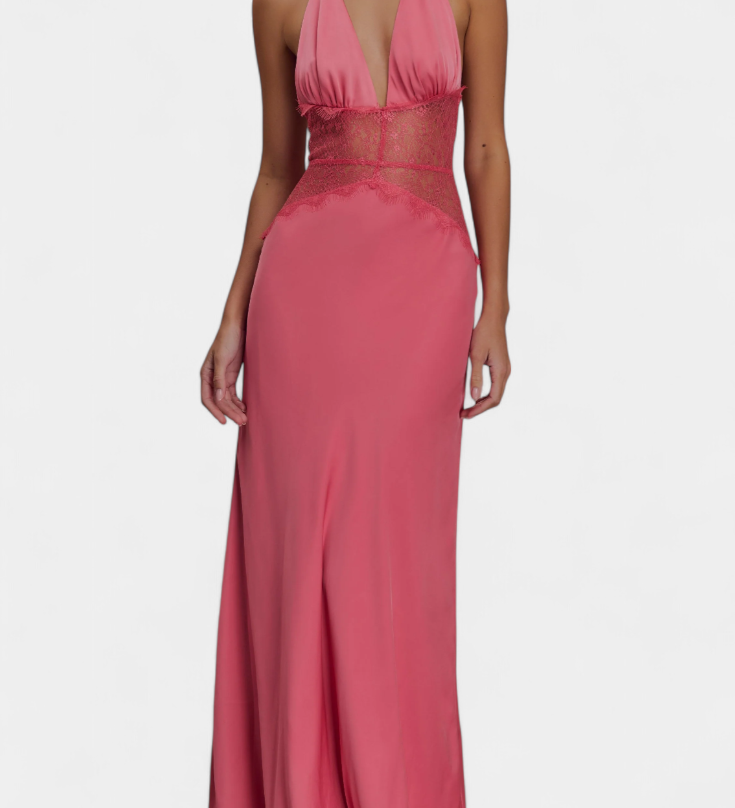 Ashanty Vestido Largo con Escote Halter y Cintura de Encaje Transparente
