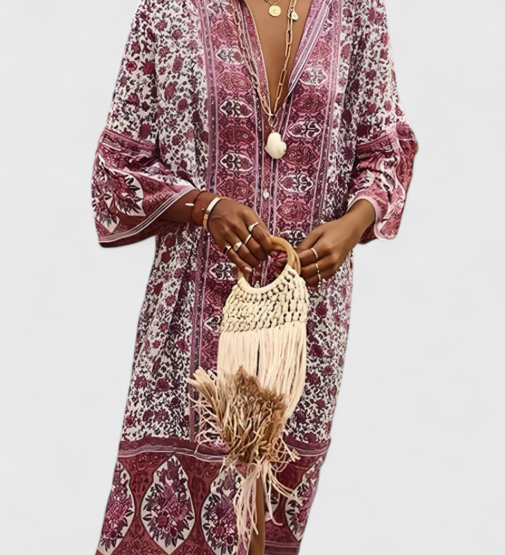 Chinara Vestido Largo Boho con Bordado Étnico y Silueta Relajada