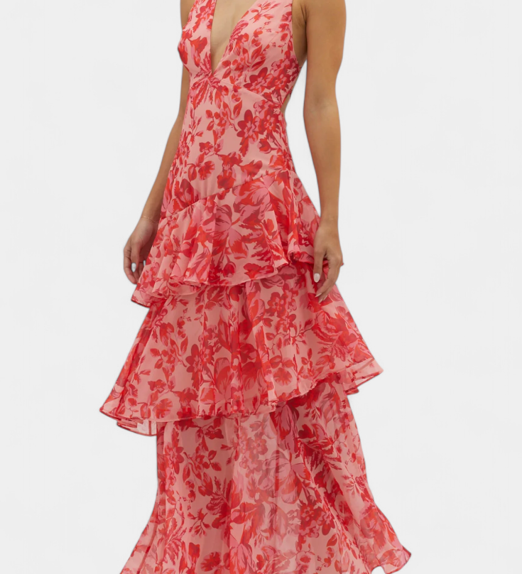 Domenica Vestido de Gasa con Escote en V y Capas Fluidas