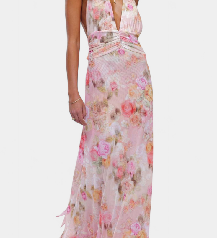 Melodía Vestido Maxi de Lunares con Escote Halter y Cintura Fruncida