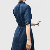 Sharon Vestido Midi Vintage de Algodón y Lino con Cuello de Solapa