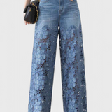 Jasiel Pantalón Palazzo de Encaje Denim con Bordado Floral