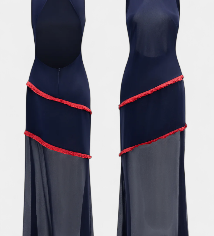 Orfila Vestido Midi Bodycon con Gasa y Flecos a Contraste
