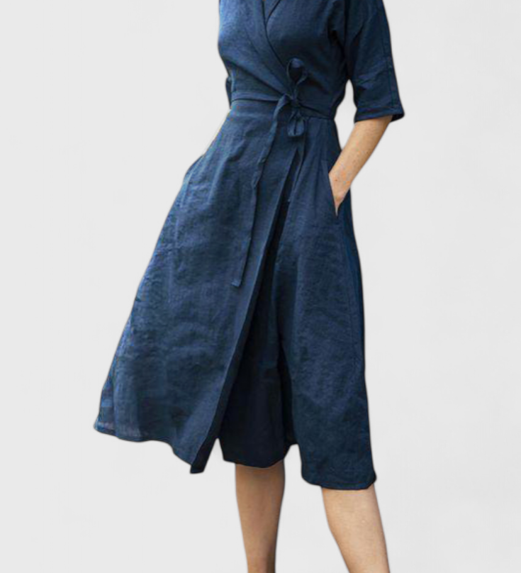Sharon Vestido Midi Vintage de Algodón y Lino con Cuello de Solapa