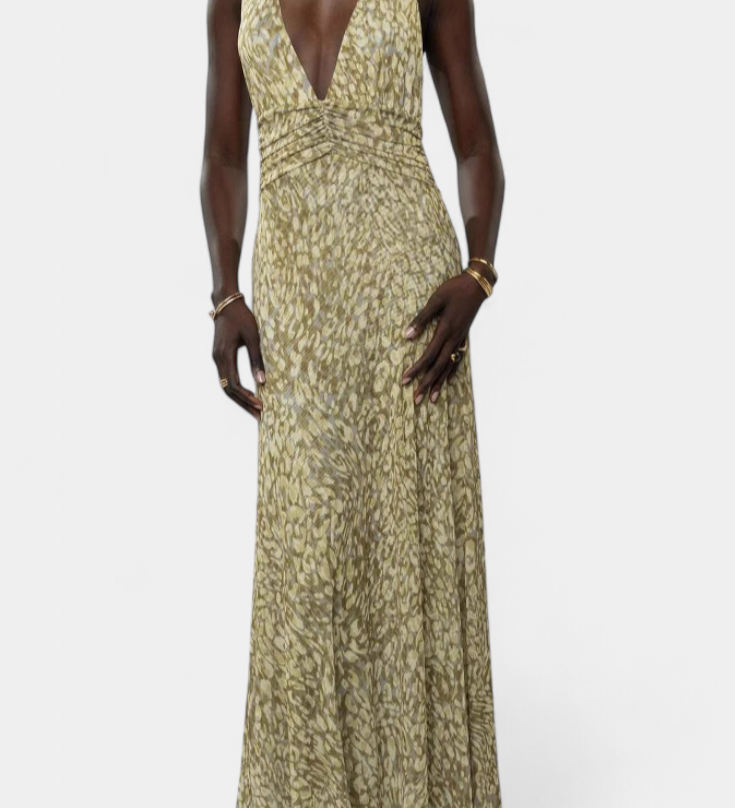 Melodía Vestido Maxi de Lunares con Escote Halter y Cintura Fruncida