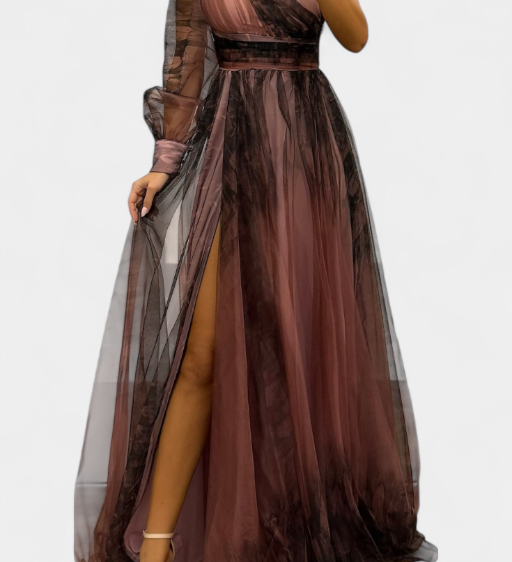 Becca Vestido Maxi de Chiffón con Hombro Descubierto y Flor Voluminosa