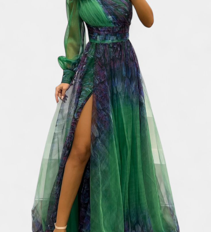 Becca Vestido Maxi de Chiffón con Hombro Descubierto y Flor Voluminosa