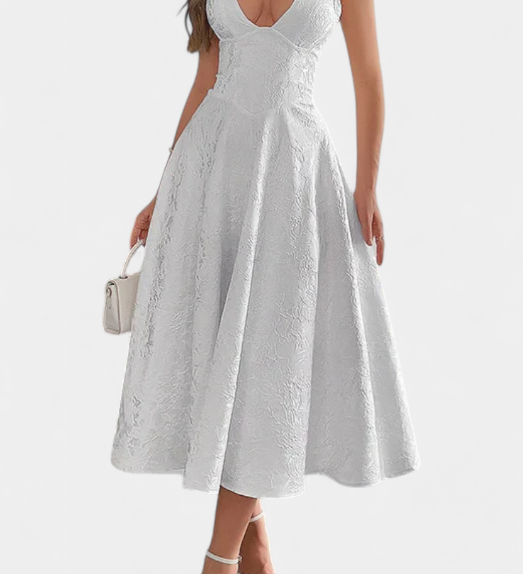 Gilda Vestido Midi Jacquard con Espalda Abierta y Cintura Alta