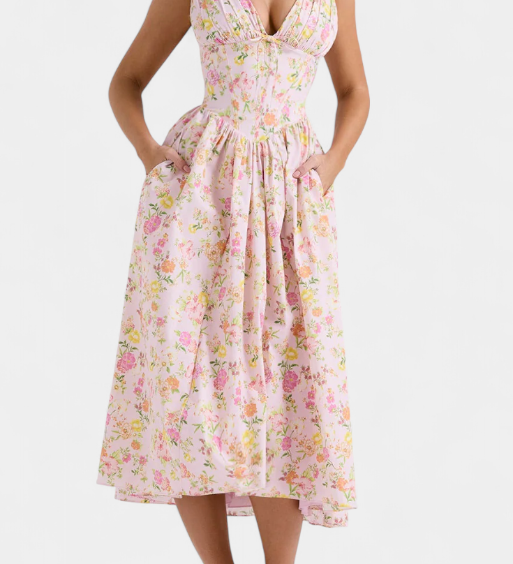 Margie Vestido Midi de Escote en V y Estampado Floral Romántico