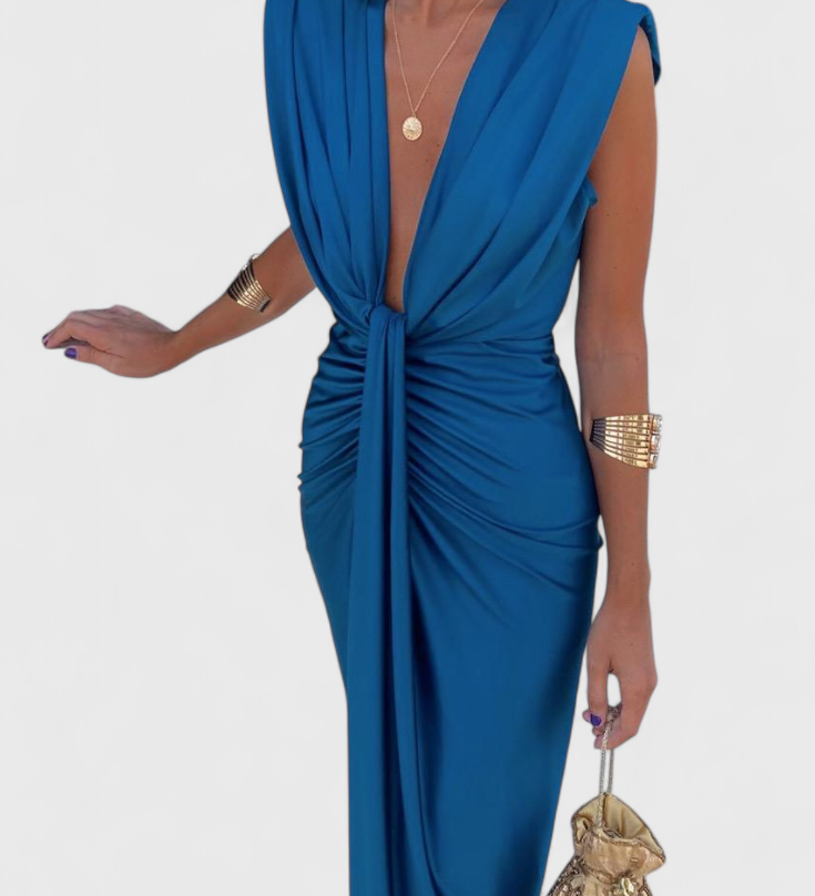 Lakisha Vestido Midi Fruncido con Escote Profundo