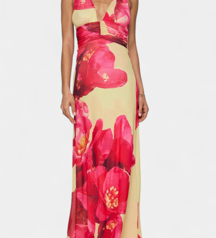 Melodía Vestido Maxi de Lunares con Escote Halter y Cintura Fruncida