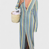 Crisanta Vestido Largo Estampado con Ondas Multicolores y Manga Larga