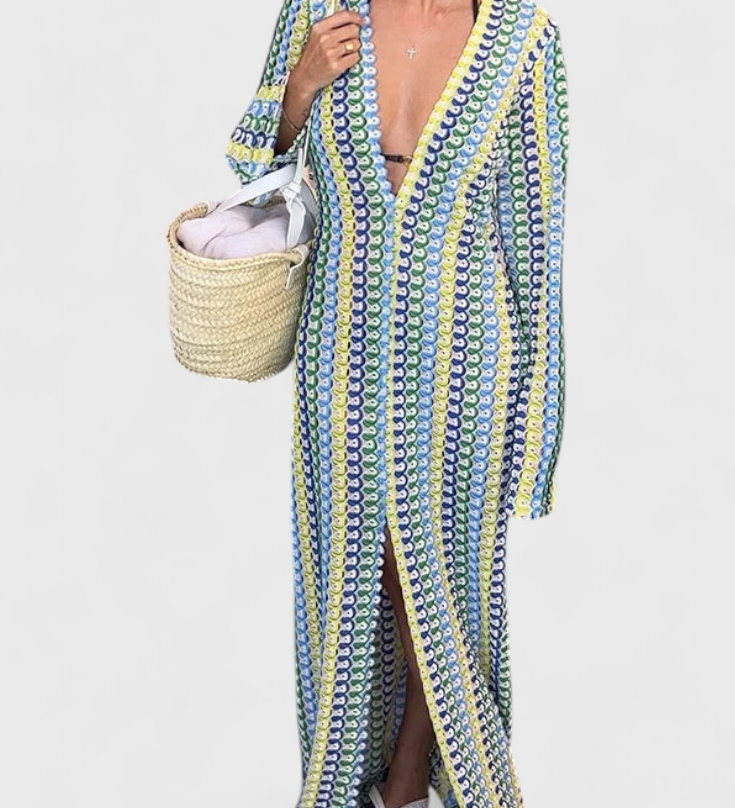 Crisanta Vestido Largo Estampado con Ondas Multicolores y Manga Larga