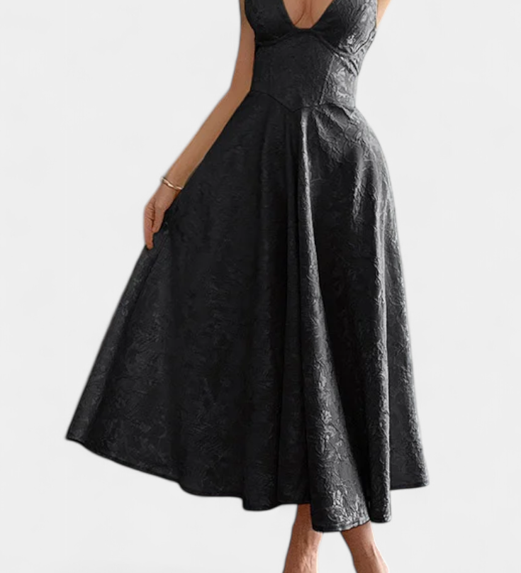 Gilda Vestido Midi Jacquard con Espalda Abierta y Cintura Alta
