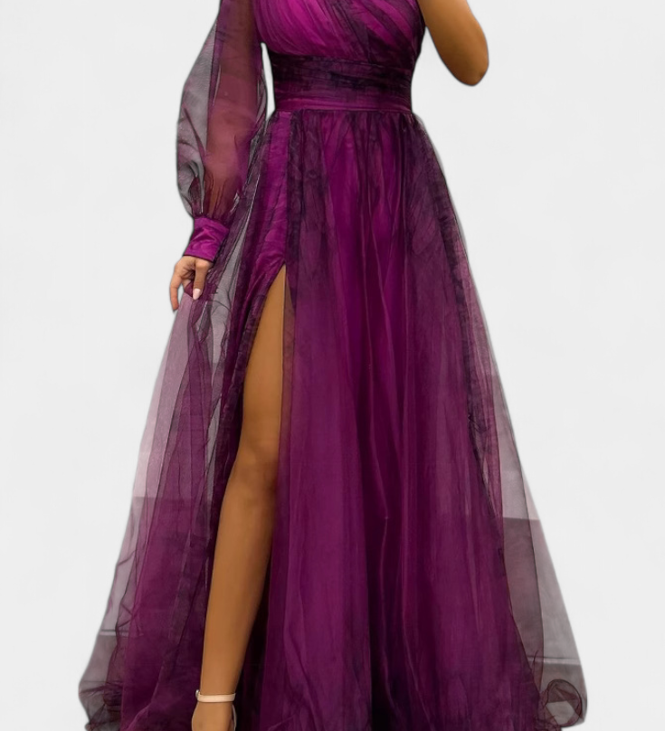 Becca Vestido Maxi de Chiffón con Hombro Descubierto y Flor Voluminosa