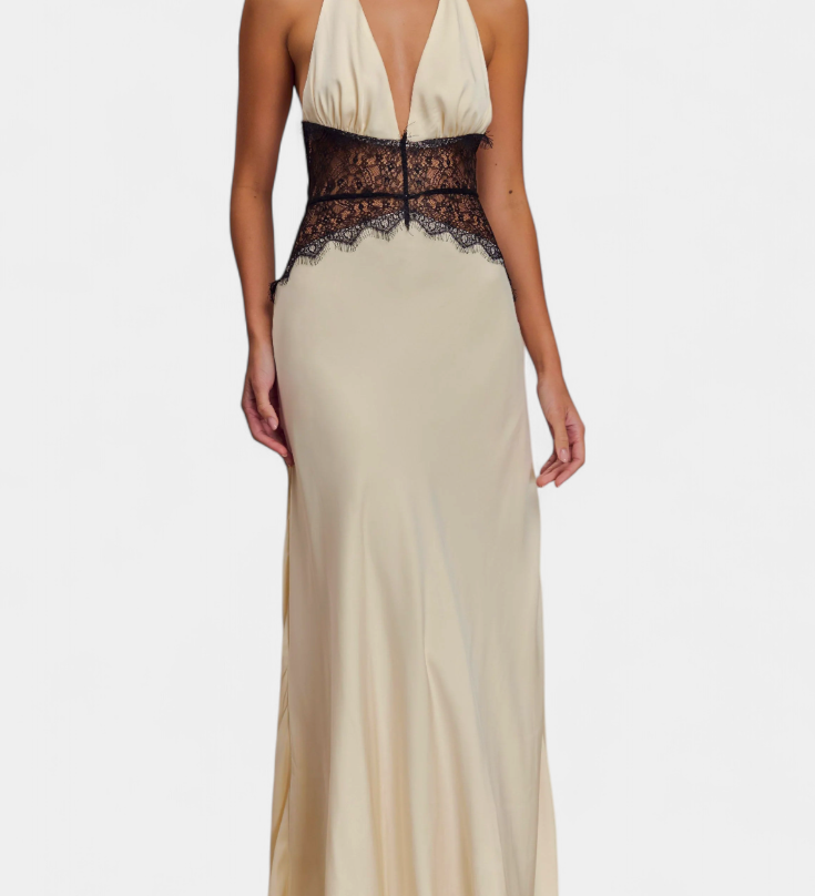 Ashanty Vestido Largo con Escote Halter y Cintura de Encaje Transparente