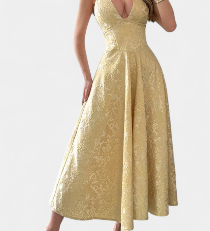 Gilda Vestido Midi Jacquard con Espalda Abierta y Cintura Alta