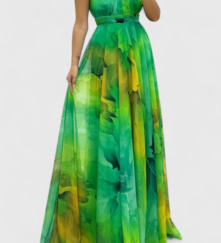 Caprice Vestido Maxi de Gasa con Estampado Floral y Cuello Halter