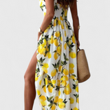 Huda Vestido Maxi Estampado de Limones con Tirantes y Abertura Lateral