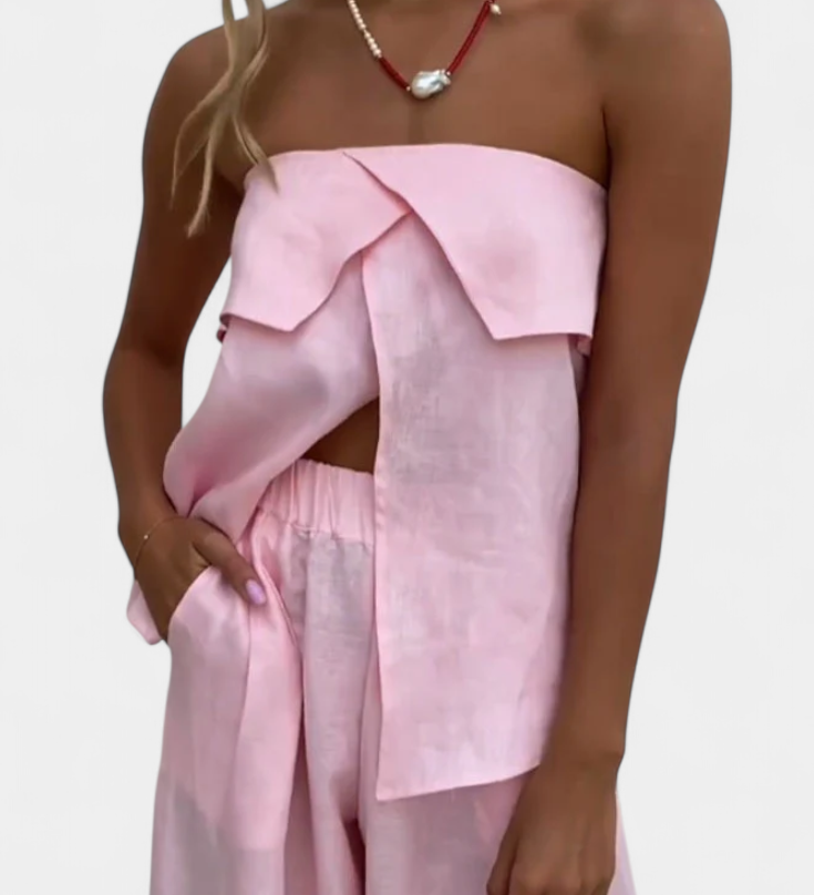 Oriana Conjunto Strapless con Falda de Abertura en Color Liso
